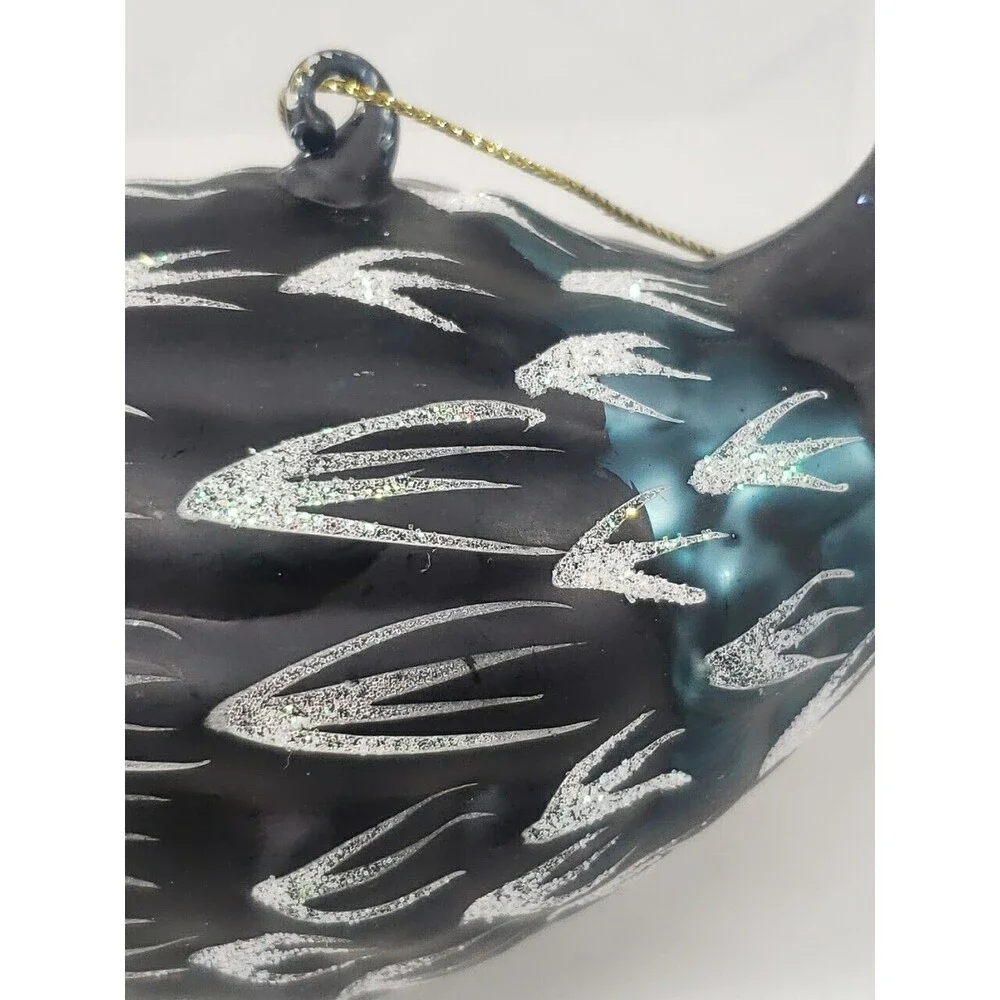 Blown Glass Bird Christmas Tree Ornament Feathers Glitter Dark Green Unique